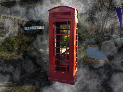 An artistic impression of her vision. The image is mostly hidden by noise, but a red British-style telephone box is visible, along with a shadow, and a flag. The 'telephone' sign is floating freely, away from the box.